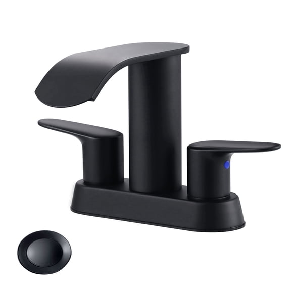 WOWOW Waterfall Bathroom Sink Faucet,Matte Black Two Handles Bathroom Faucet with Metal Pop up Sink Drain Stopper, 2 or 3 Holes Bathroom Basin Lavatory Mixer Tap with Deck Mount Plate