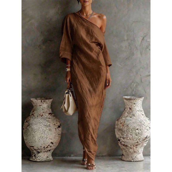 Brown Womens Textured One-Shoulder Maxi Dress, Relaxed Fit For Casual Or Vacation Wear