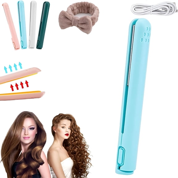 EXLEAF Dual Purpose Curling Iron Mini Cordless Ceramic Wand Small Hair Straightener Pink