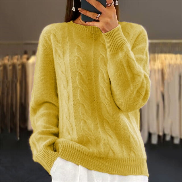 Frostluinai Sweaters for Women Long Sleeve Cable Knit Sweaters Crew Neck Lightweight Fall Sweaters Basic Solid Color Comzy Soft Sweaters