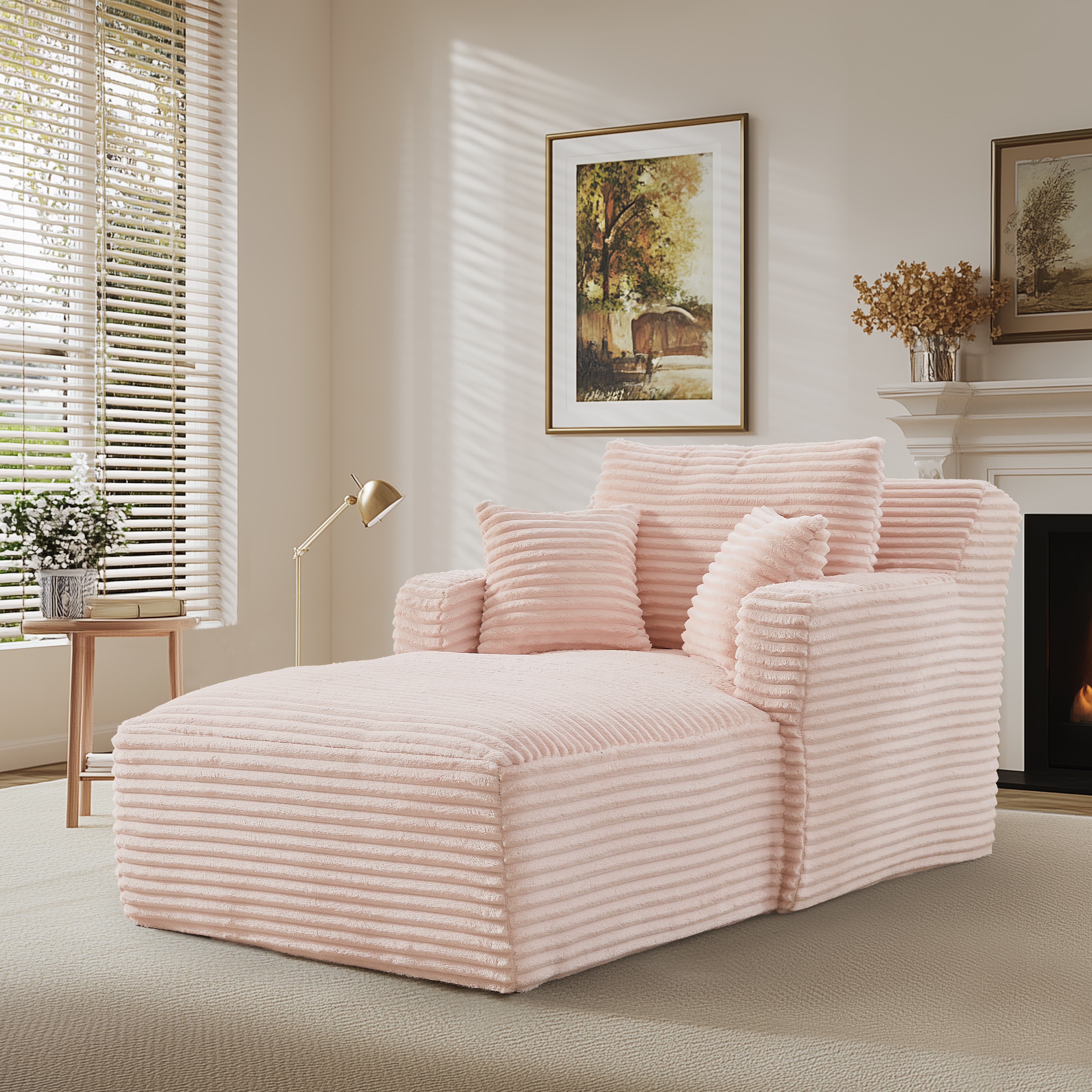 MAYEERTY Single Corduroy Chaise Lounge Sofa, Modern Couch with Spring Cushion for Apartment, 65*39*33"Pink