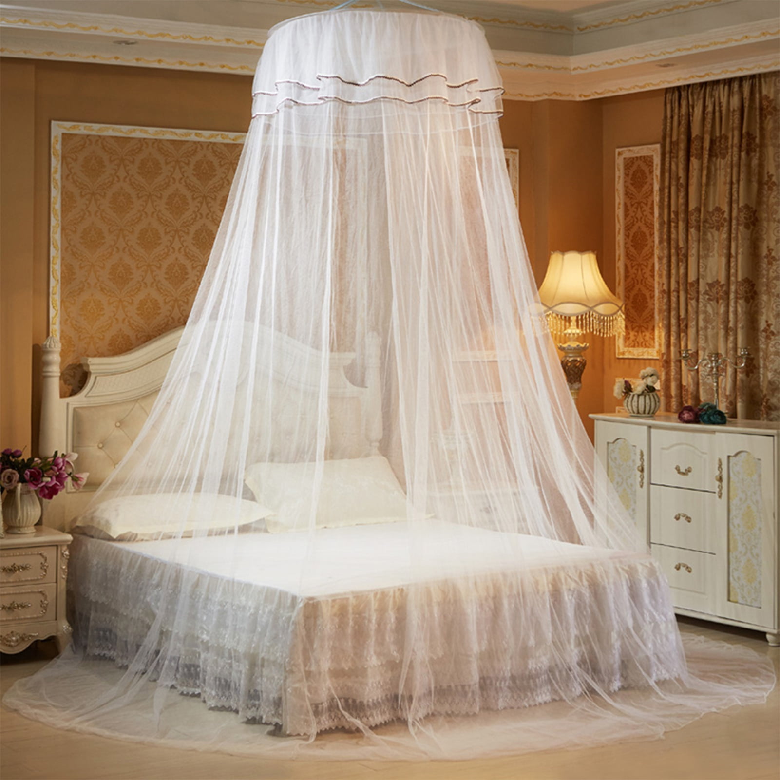 LAZIOEGR Classic White Dome Bed Canopy Fine Mesh Single Entrance Bed Net for 47.2 to 70.8 inches / 1.2 to 1.8 m Bed Elegant Princess Style Bedroom Decoration White