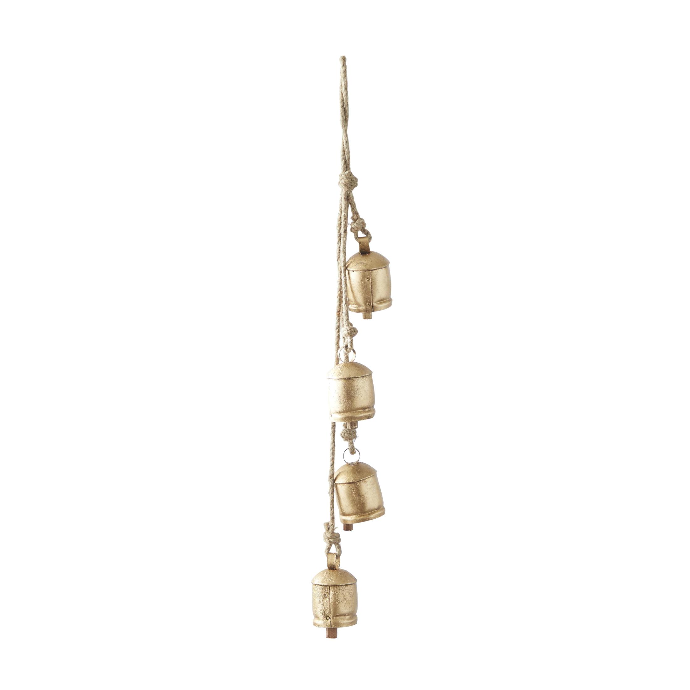 DecMode Tibetan Inspired Cascading Gold Metal Cylindrical Decorative Cow Bells with 4 Bells on Jute Hanging Rope