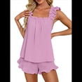 thumbnail image 3 of Conjunto de Pijama de 2 Piezas para Mujer con Volantes, Camiseta Sin Mangas y Pantalones Cortos Suaves, Pijama de Novia para Mujer. Púrpura S, 3 of 9