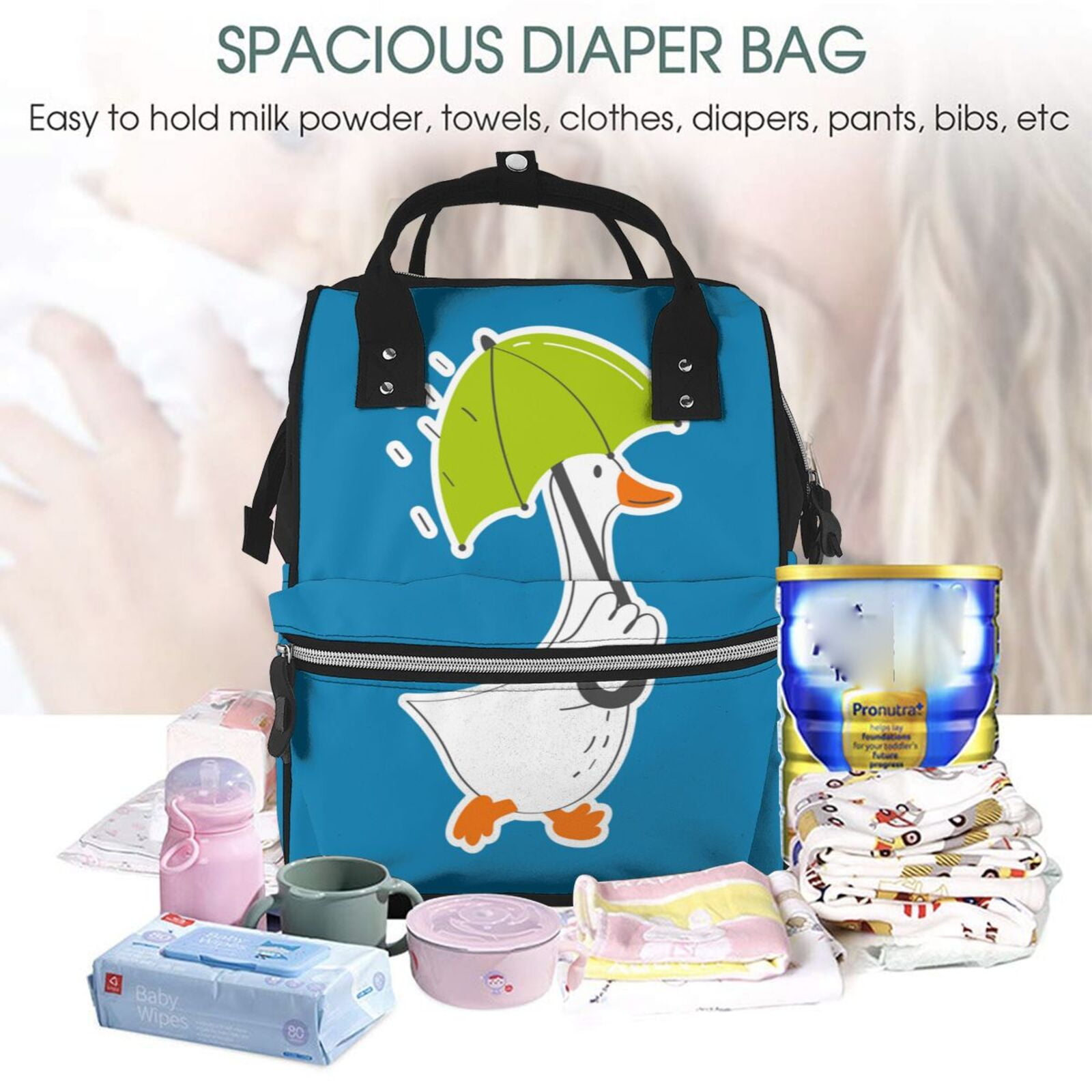 Defioc Goose Holding an Umbrella for Baby Diaper Bag Backpack - Baby Bag for Boys & Girls - Diaper Backpack - Large Travel Diaper Bags- Baby Registry Search & Shower Gifts