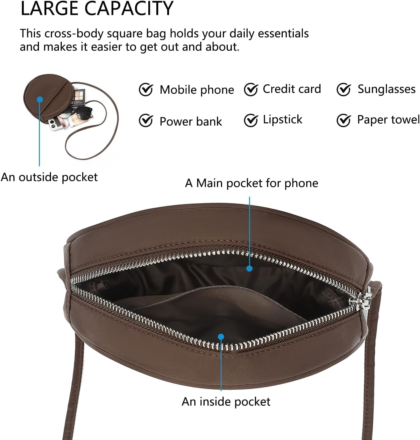 Circle Crossbody Bag for Women NYLON Circle Purse with Zipper Adjustable Knot Shoulder Straps