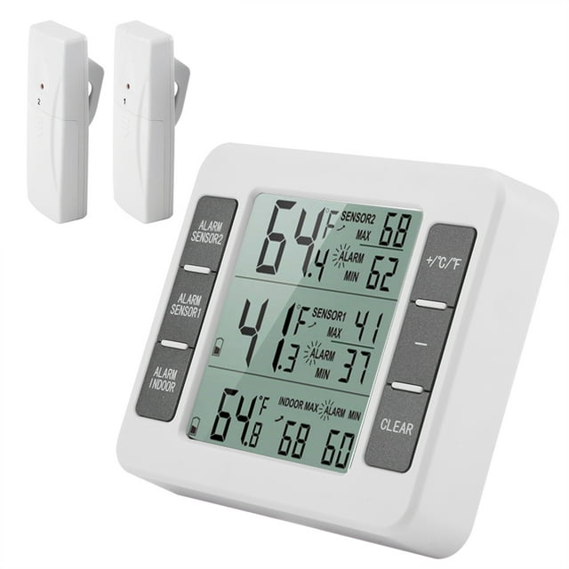 Digital Refrigerater Therometer, Wireless Digital Audible Alarm Refrigerator Thermometer with 2PCS Sensor Min/Max Display, for Home, Garden, Restaurant
