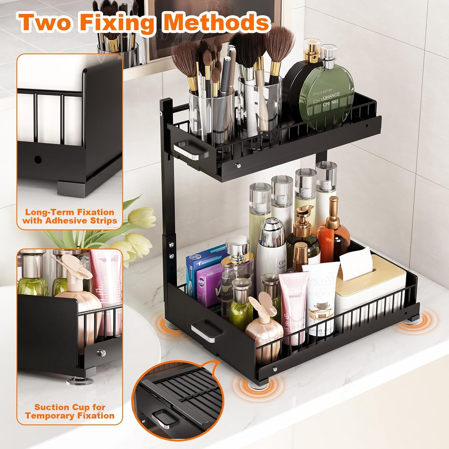 2 Pack Under Sink Organizer, 2 Tier Slide Out Cabinet Organizer with Pulley, Height Adjustable Pull Out Shelf for Kitchen, Bathroom, Laundry and Utility Storage, Black