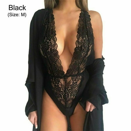 

S-XXL One Piece V Neck Halter Teddy Bodysuit Babydoll Lingerie Lingerie for Women Sleepwear BLACK M