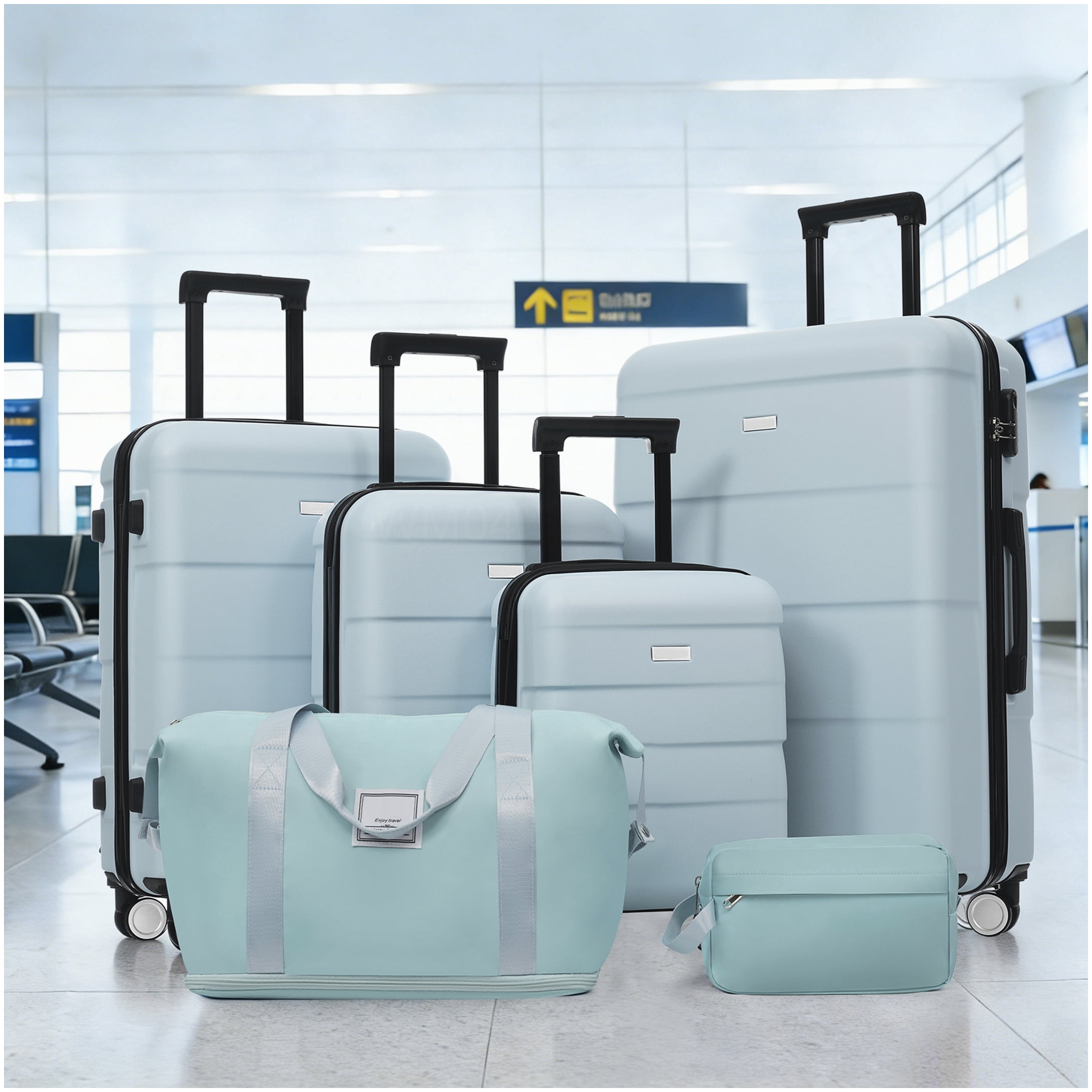 MANGIJOY 6-Pc Lightweight Hardside Luggage Set with 360° Wheels, ABS Carry-On &; Checked Suitcases in Light Blue