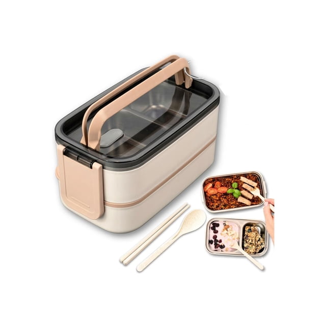 Fiambrera, Aislamiento Caja de Almuerzo de Fugas de 1400 ml, Topper para Lunch de Acero Inoxidable 304, Lonchera con Toppers de Doble Capa con Asa, Cubiertos, 3 Compartimentos,Para Microondas (Caqui)