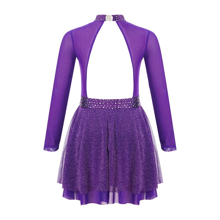 Alvivi Girls Shiny Diamond Hollow Back Figure Ice Skating Dress Long Sleeve  Mesh Splice Ballet Dresses Purple 16 - Walmart.com