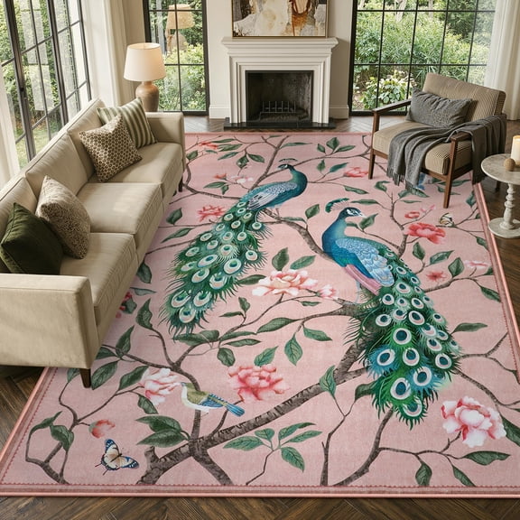 Lahome Decor 8'x10' Peacock Rugs for Living Room,Area Rug 8x10ft,Soft Machine Washable Rug,Low Pile Pink Rugs for Bedroom Playroom Dining Room