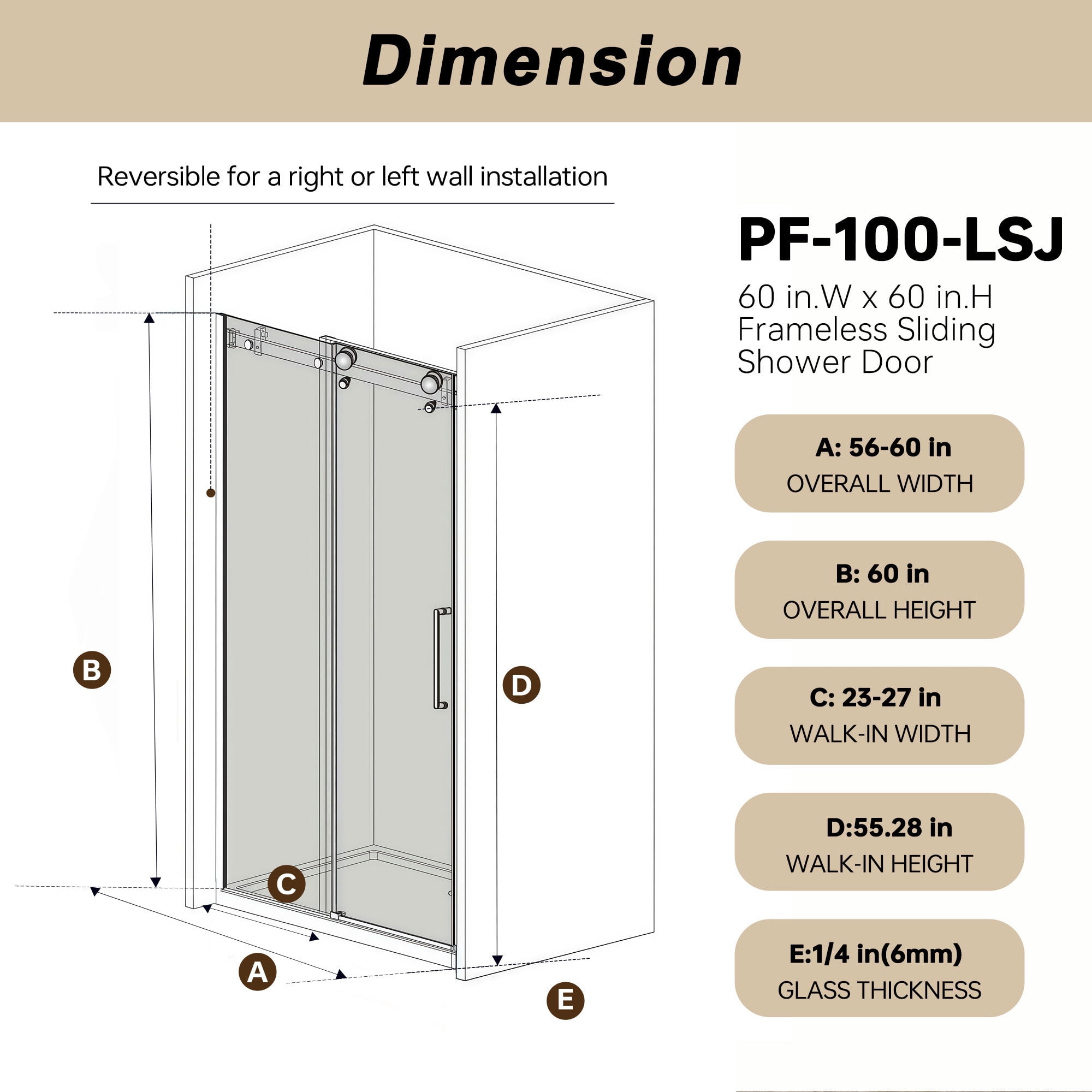 Leumius 56-60"W x 60" H Frameless Single Sliding Shower Door, 1/4\" Clear Tempered Glass, Stainless Steel Handle Square Tube Track Shower Door,Brushed Gold