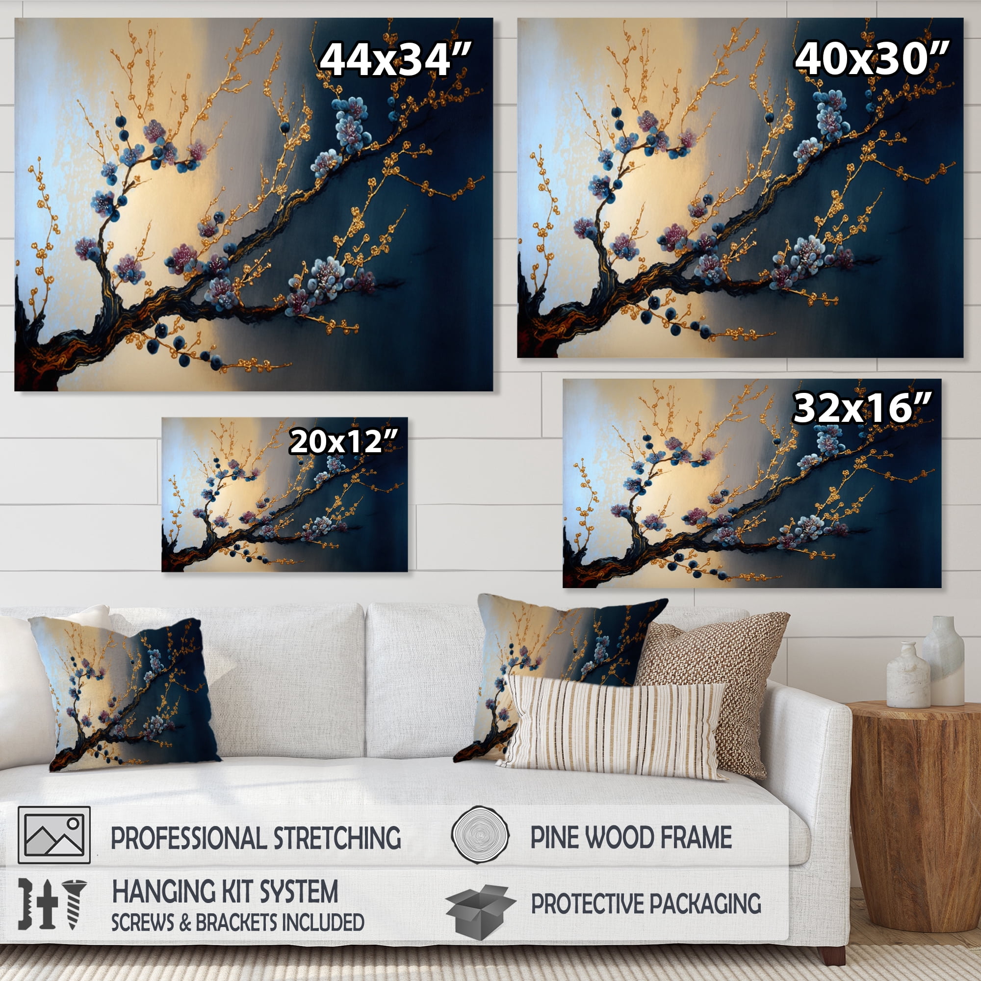 Designart Blue Cherry Blossom Branch I Canvas Wall Art