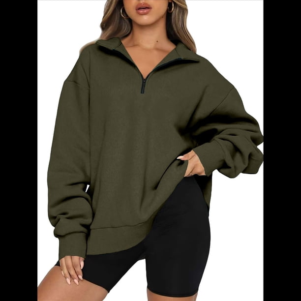 Sudadera de Entrenamiento de con Media Cremallera para Mujer, de Gran Tamaño, de Larga, Color Liso, con Hombros Caídos. Verde S