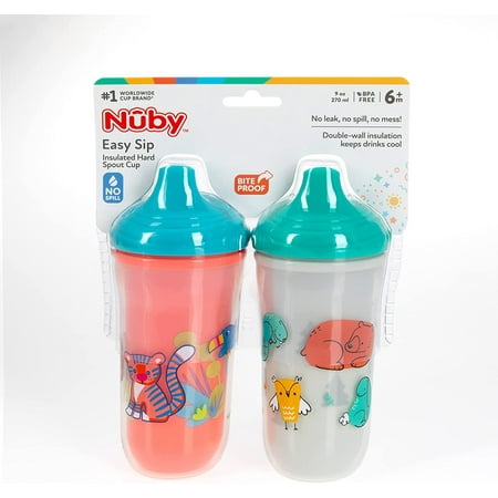 Nuby No-Spill Insulated Hard Spout 9 oz Cup, 2 Count Coral/White