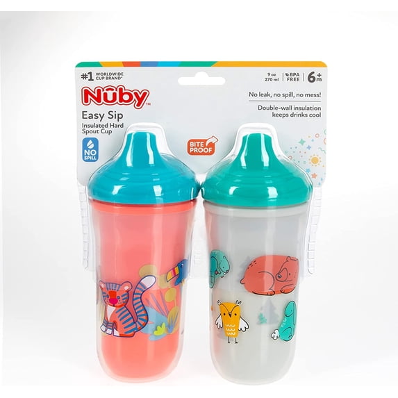 Nuby No-Spill Insulated Hard Spout 9 oz Cup, 2 Count Coral/White