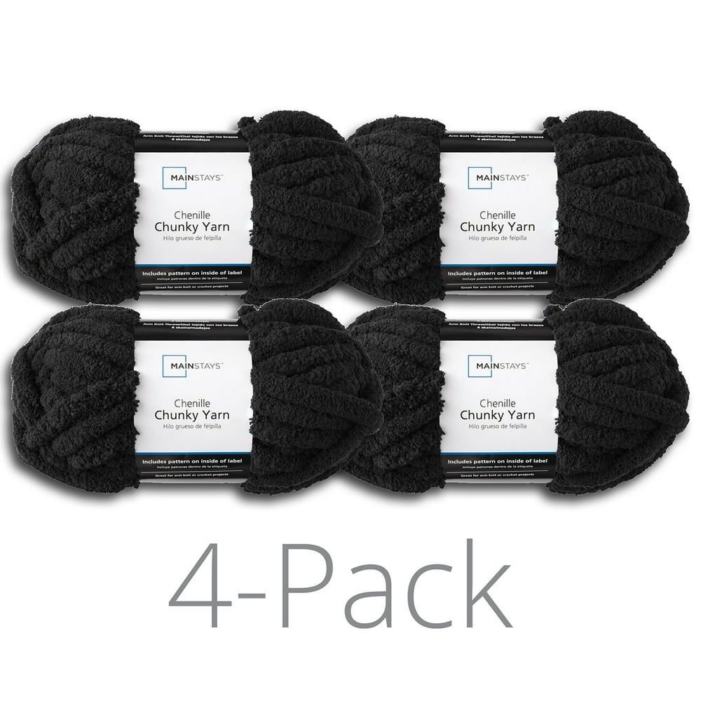 Mainstays 31.7 yd. Chunky Chenille Yarn, Rich Black, 100 Polyester, Pack of 4