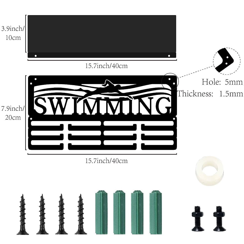 Swimming Medal Display Shelf Trophy Holder Display 3 Row Hold 60+ Medals Iron Rectangle Black Wall Mount Ribbon Award Rack Stand Hanger Home
