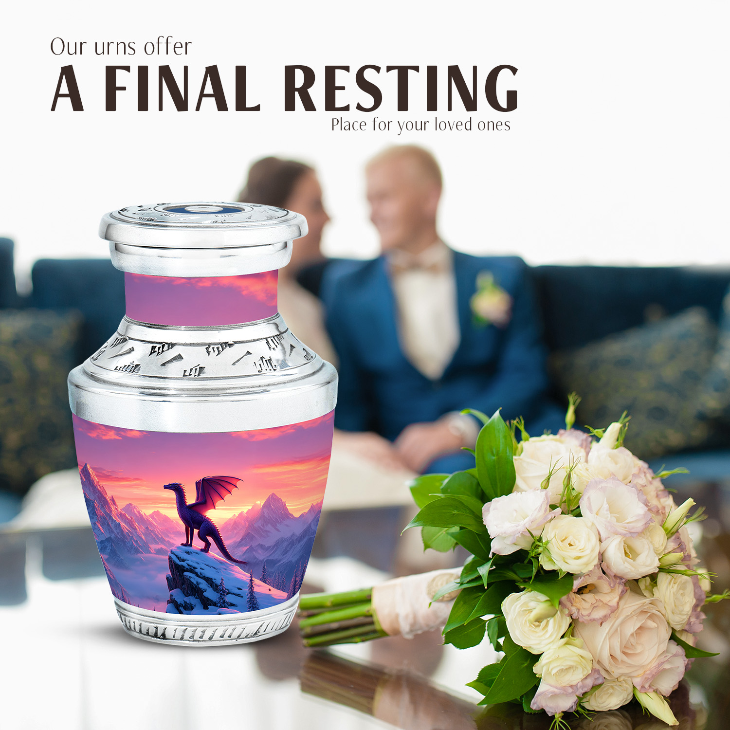 JAGASY Dragon Memorial Urn for Ashes Adult Male & Female, Pink Keepsake Small Urns for Human Ashes, Snowy Mountain & Sunset Decorative Urns for Mother, Cremation Urn for Father, (3 Inch)