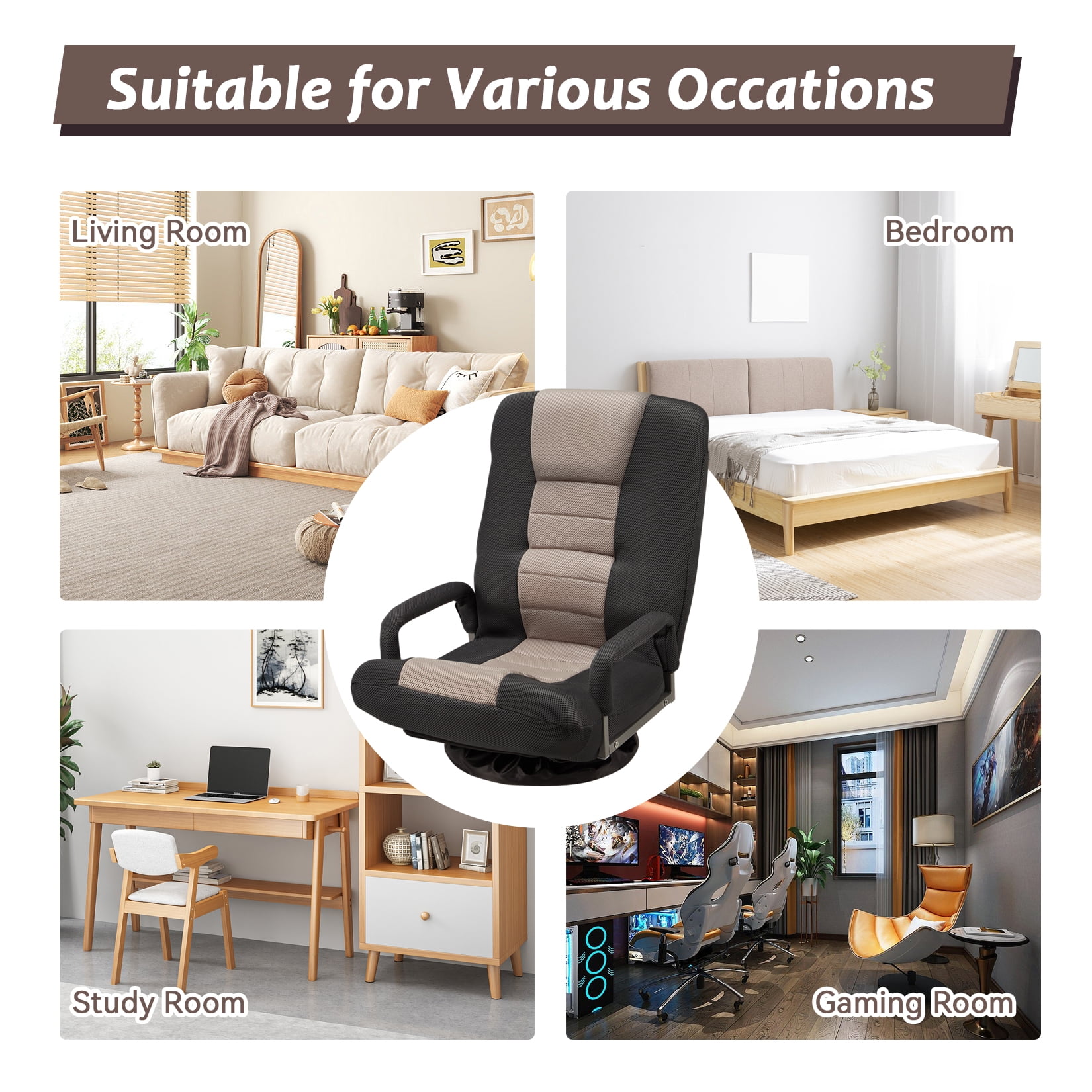 Avocahom Swivel Gaming Floor Chair w/ Armrest Handles, No Assembly gaming chair rocker, Folding Reclining Sofa w/6 Position Adjustable Backrest for Video Games, Watching TV, Reading,Gray