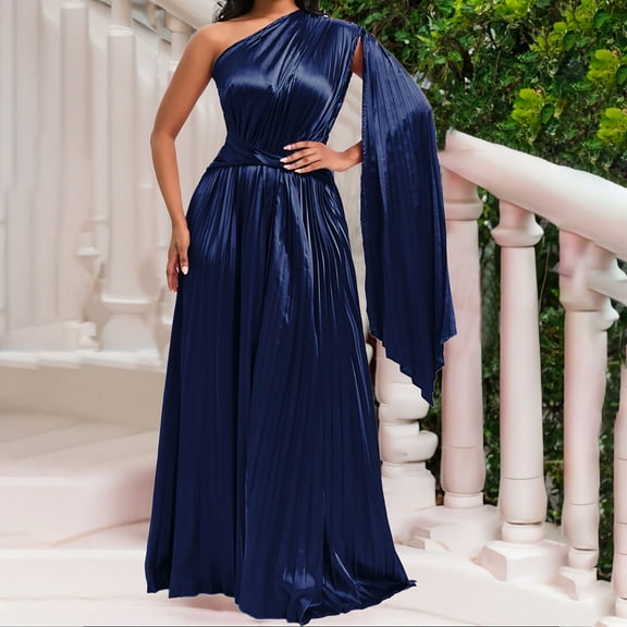 DailyTrove Women's One-Shoulder Satin Gown-Floor-Length-Polyester-for Gala/Wedding-Luxe Satin