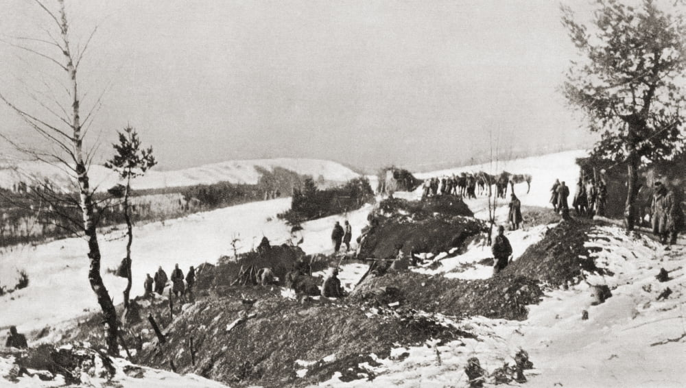 A Crack Cavalry Regiment The Kaiser Chasseurs Entrenching Itself Amidst The Snow During Austrias Battle For The Carpathian Passes During The First World War From The Illustrated War News Published 191