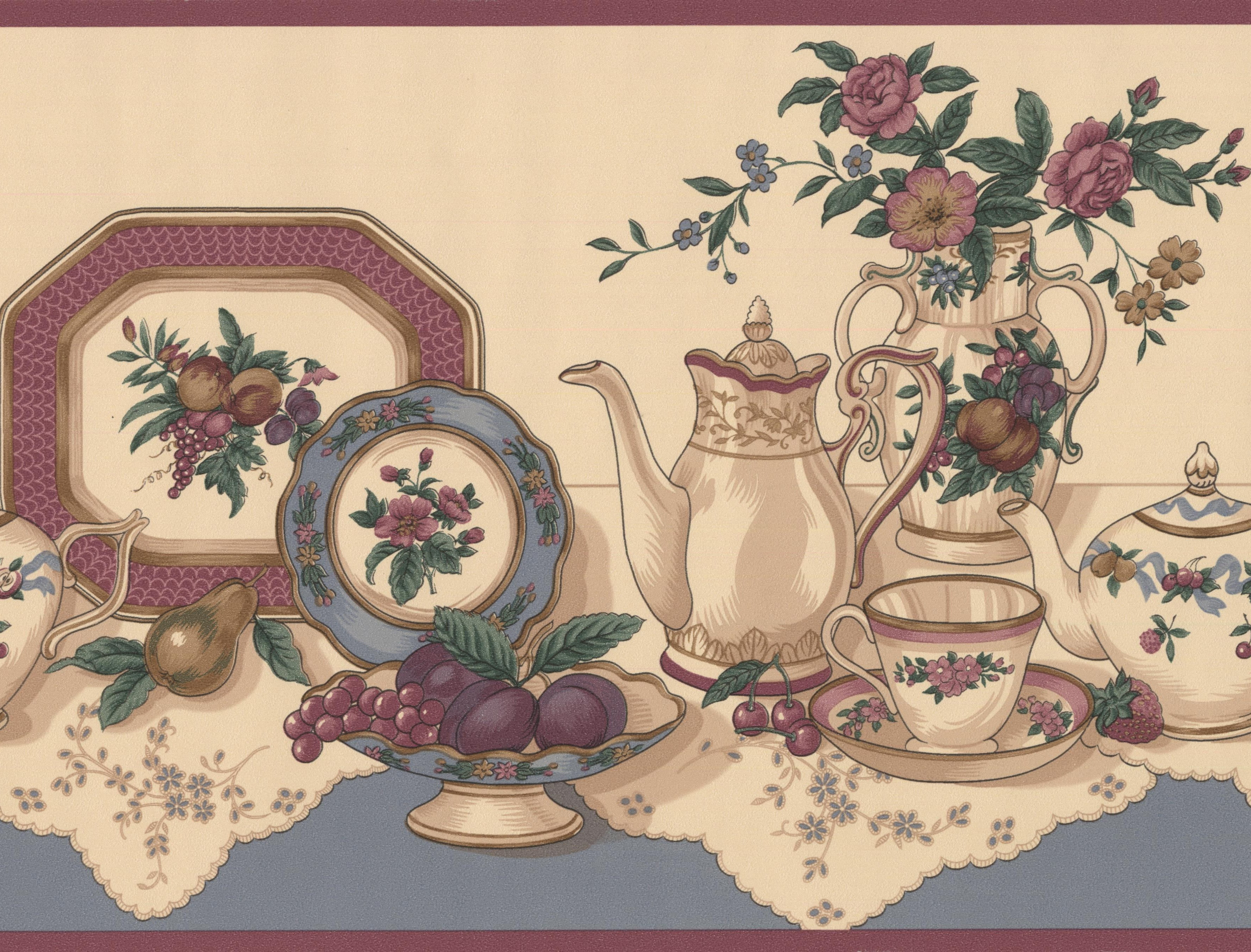 Wallpaper Border Table with Tea Party Set Fruits Kitchen Beige Wide Wall Border Retro Design