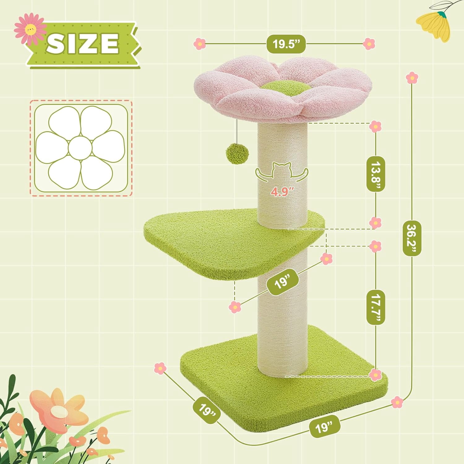 36.2’‘ Flower Cat Tree, Cat Scratching Post for Large Cats, Cat Tower with Super Thick Scratching Post [Dia=4.9''], Flower Cat Bed, Tall Cat Scratcher for Indoor Cats, Pink