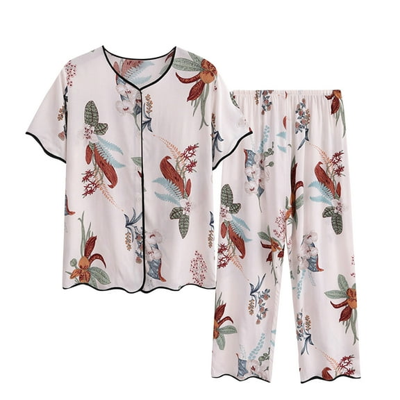 Nrmvnmi Lounge Sets for Women Plus Size Casual Summer Floral Short Sleeved V Neck Button Front Top Shirt Capri Pajama Pants Set Comfortable Breathable 2 Piece Sets Beige 4XLMothers Day Gifts