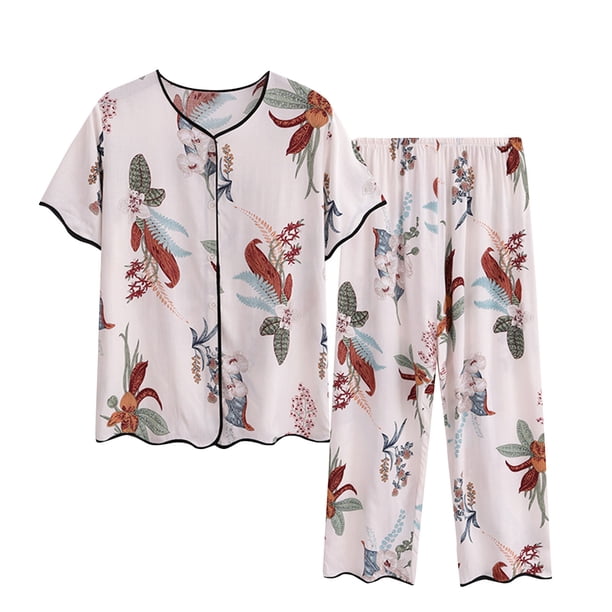 Conjunto de Dos Piezas para las Mujeres de Verano Casual Manga Corta Cuello Redondo Y Pantalones, Algodón Seda Pijama Conjunto