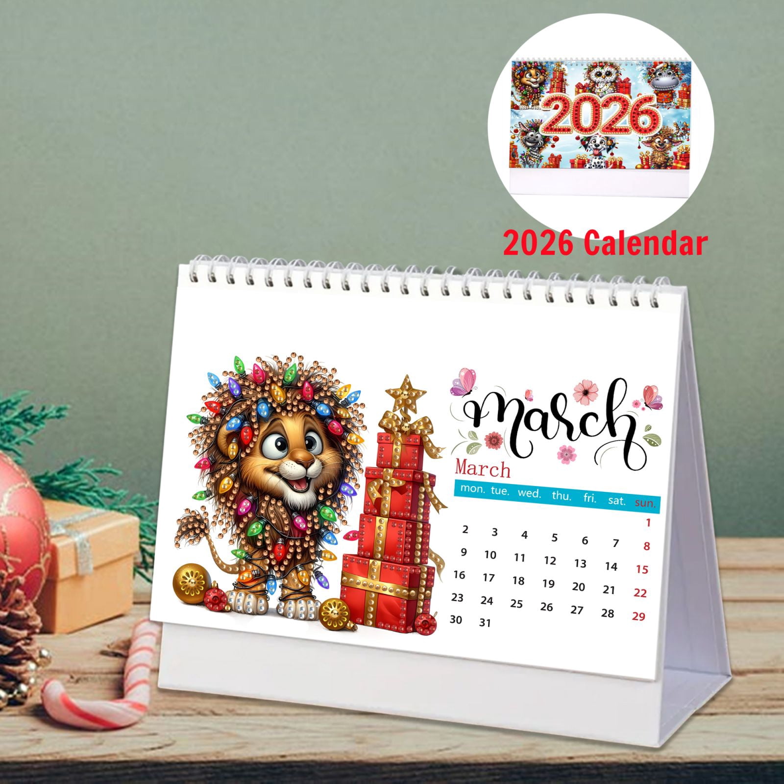 FLOPESN 2026 DIY Diamond Art Painting Desk Calendar,Thick Paper Monthly Flip Tabletop Calendars for Office Home Decor Planning-Christmas Animals