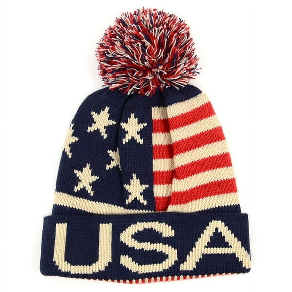 Kid's American Flag Knit Pom Beanie Ski Hats