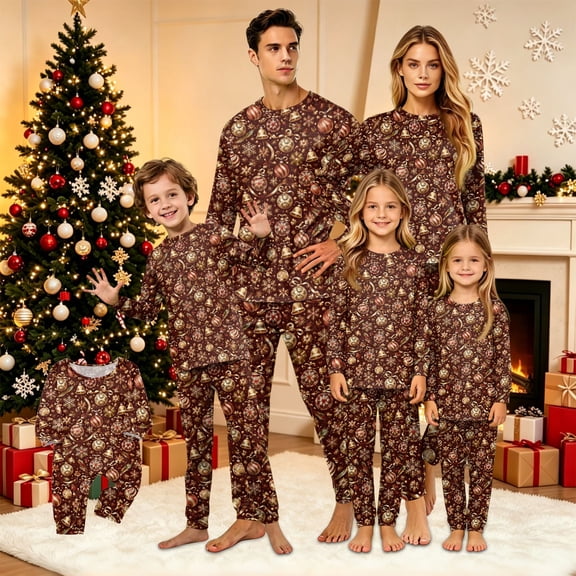 Wuceii Matching Family Christmas Pajamas Sets - Seasonal Brown Bells & Baubles Print Long Sleeve Tops Pants Sleepwear, Christmas Eve Sleepover Outfits Matching Pajamas for Holiday for 12 Months Pjs