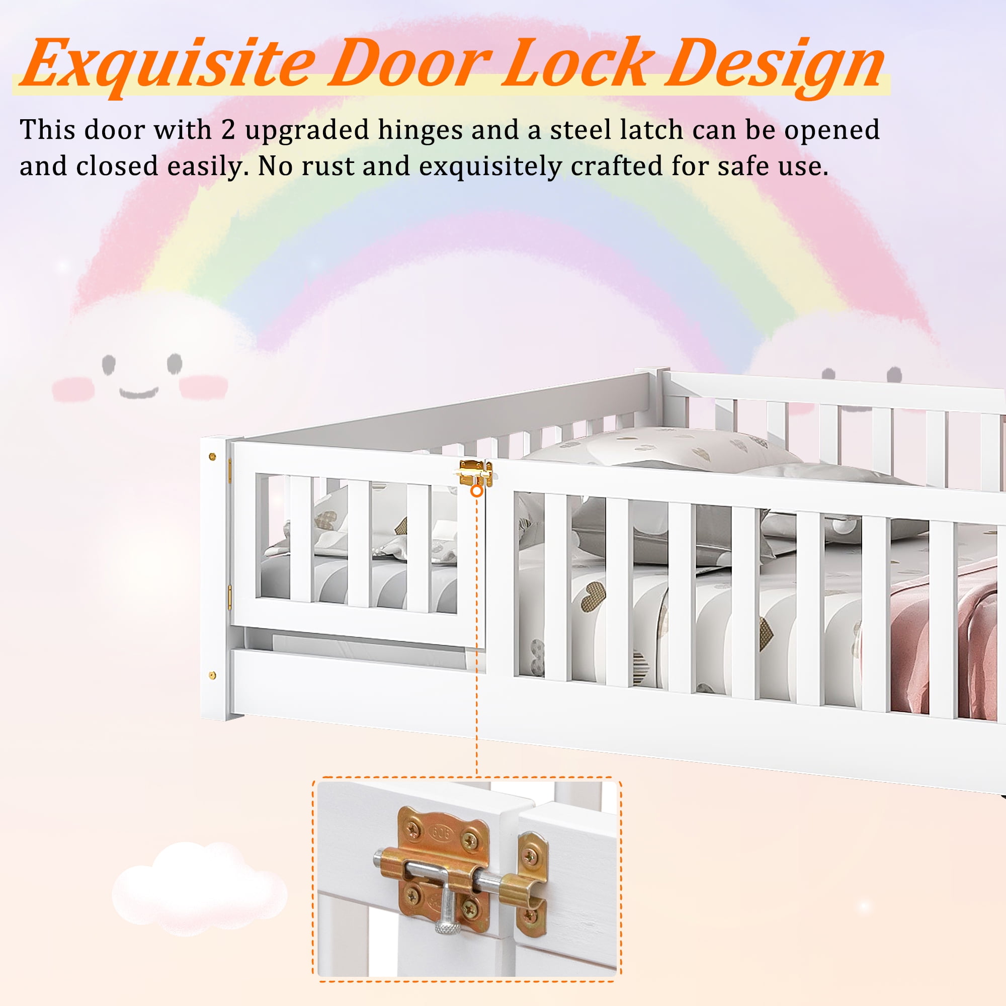 UHOMEPRO Twin Size Floor Bed with Fence and Door for Kids, Low Profile Montessori Toddler Bed for Crib Transition, Solid Wood, Slats Supports, Easy Assembly, No Box Spring Needed, White