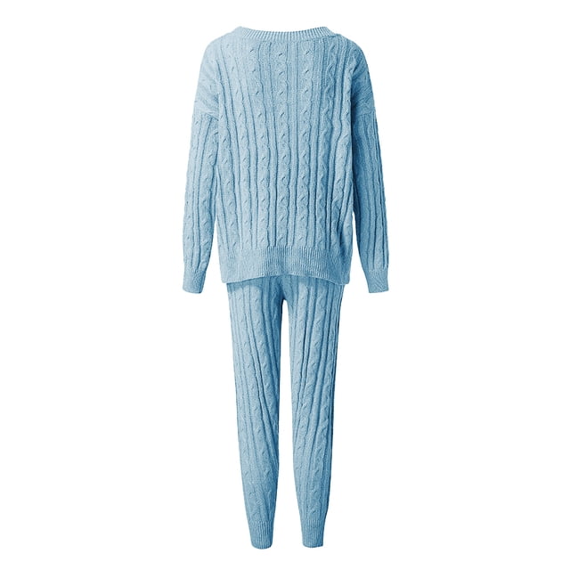 Womens Ladies Solid Round Neck Cable Knitted Warm 2PC Loungewear Suit Sets
