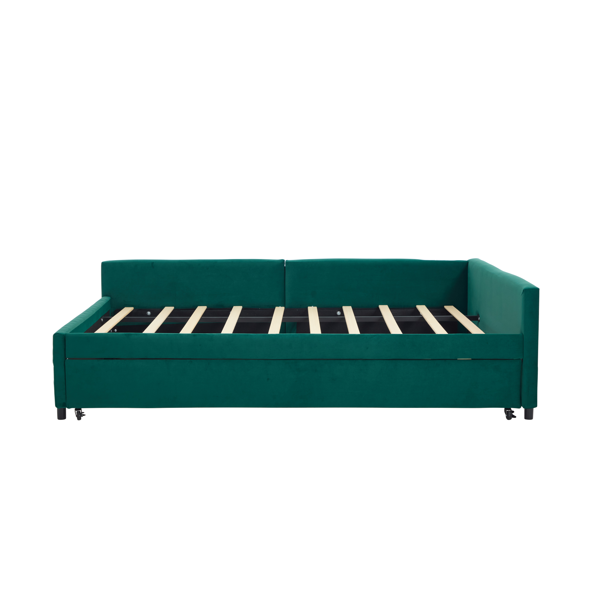 Leumius Upholstered Daybed with Trundle,Sturdy Wooden Bed Frame, Modern Diamond Grid Design for Bedroom Guest Room (Emerald)
