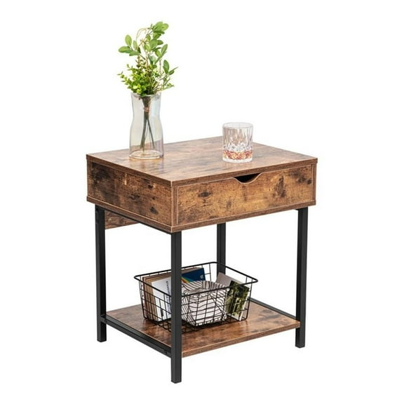 Pemberly Row Wood End Table with Drawer and Storage Shelves in Rustic Brown