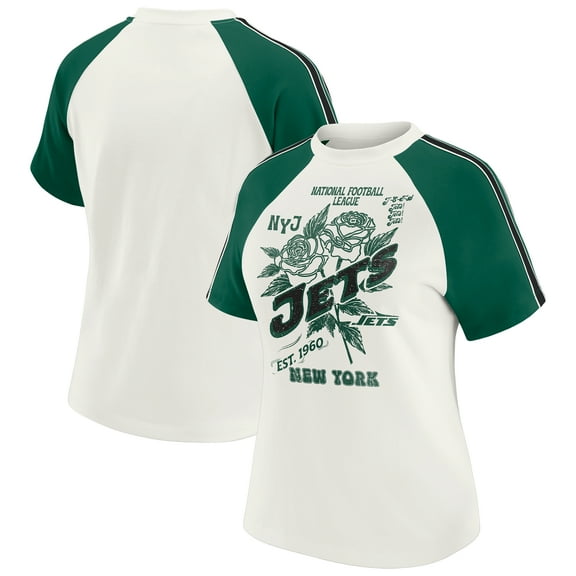 Women's WEAR by Erin Andrews White New York Jets Sleeve Stripe Distressed Raglan T-Shirt