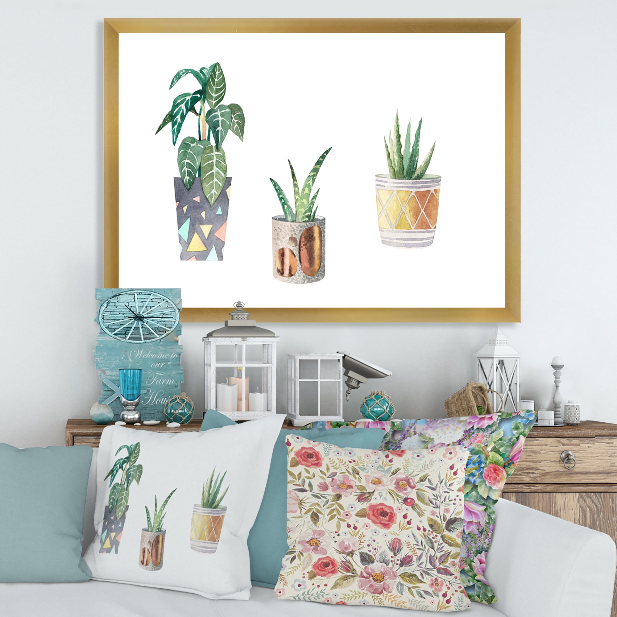Designart 'Three Potted Houseplants On White' Traditional Framed Art Print