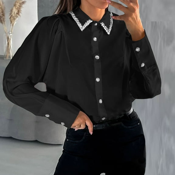 AXXD Black Basic Summer Tops for Women 2024 2024 Sexy Deep Trun-down Collar Long Sleeve Casual Blouse Shirt Tops Undershirt
