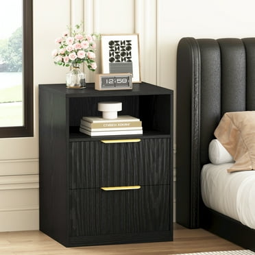 LIKIMIO Modern Nightstand with 2 Drawers and Open Shelf, Wood Fluted Bedside Table, Black