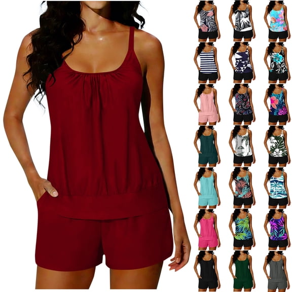 Amzcrzy Womens Tankini Bathing Suits 2026 Fashion Print Deep U Neck Two Piece Swimsuit with Built In Bra Adjustable Straps Top and Boyshorts with Pockets Modest Bathing Suit for Women @6 L