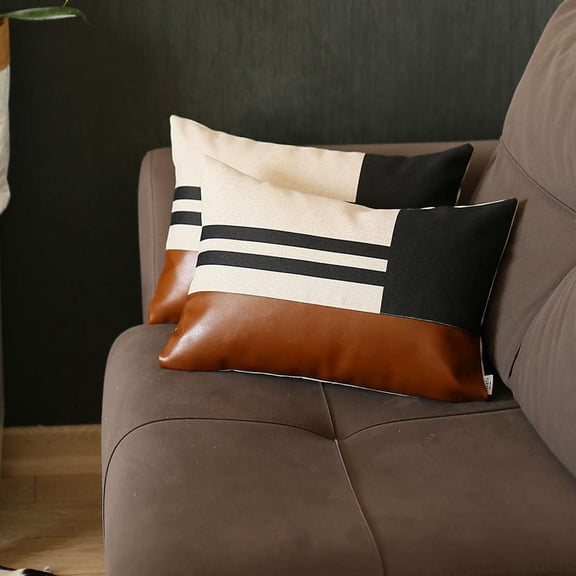 Bohemian Set of 2 Handmade Decorative Throw Pillow Vegan Faux Leather Geometric 12" x 20" Brown & Black Lumbar for Couch, Bedding