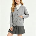 thumbnail image 5 of Liweisiy Girl's V Neck Knit Cardigan Long Sleeve Ribbed Cuff Button Down Coat With Pockets Uniform School Casual Sweater Coat Gray 7-8Years, 5 of 9