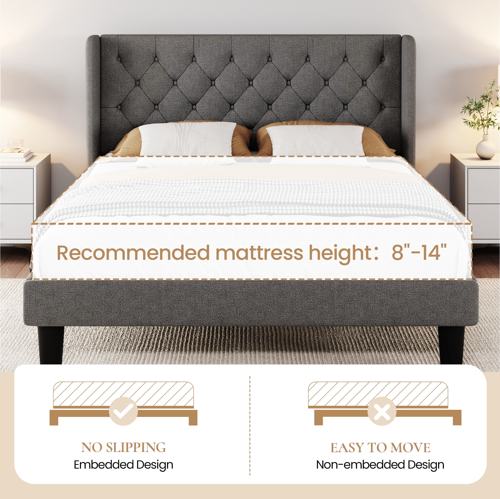 SHA CERLIN Full Size Platform Bed Frame with Fabric Wingback&Tufted Upholstered Headboard, Light Grey
