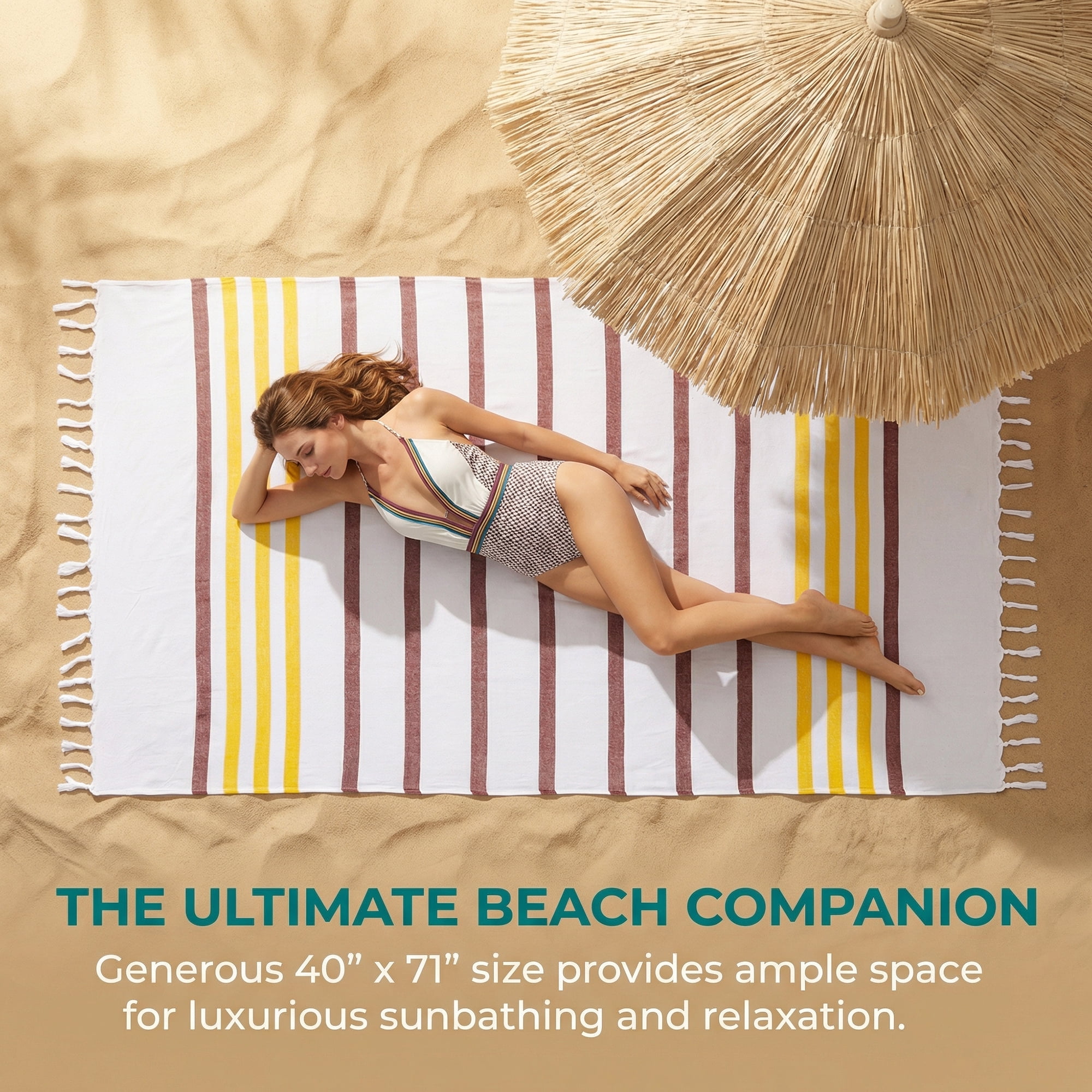 Unique Bargains Turkish Striped Cotton Beach Towel with Tassel Trim Brown 71" x 40"