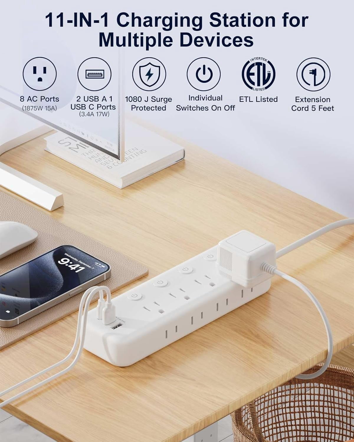 Appliance Extension Cord with Individual Switches on Off - 5 FT, 1875W Heavy Duty Extension Cord with USB Ports, 8 outlets, Circuit Breaker for Microwave, Aquarium, Kitchen, Garage, ETL Listed