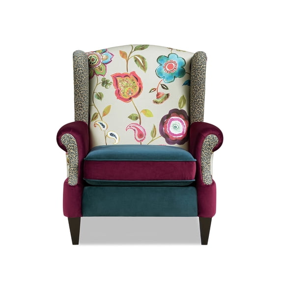 Anya Boho Chic Wingback Accent Arm Chair, Teal-Blue Burgundy Floral, Printed On Woven